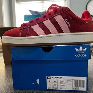 Adidas Campus 00s pink red, tennis shoes new in box. Unisex. M 8, W 10, hearts